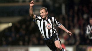 Alan Shearer celebrates scoring for Newcastle