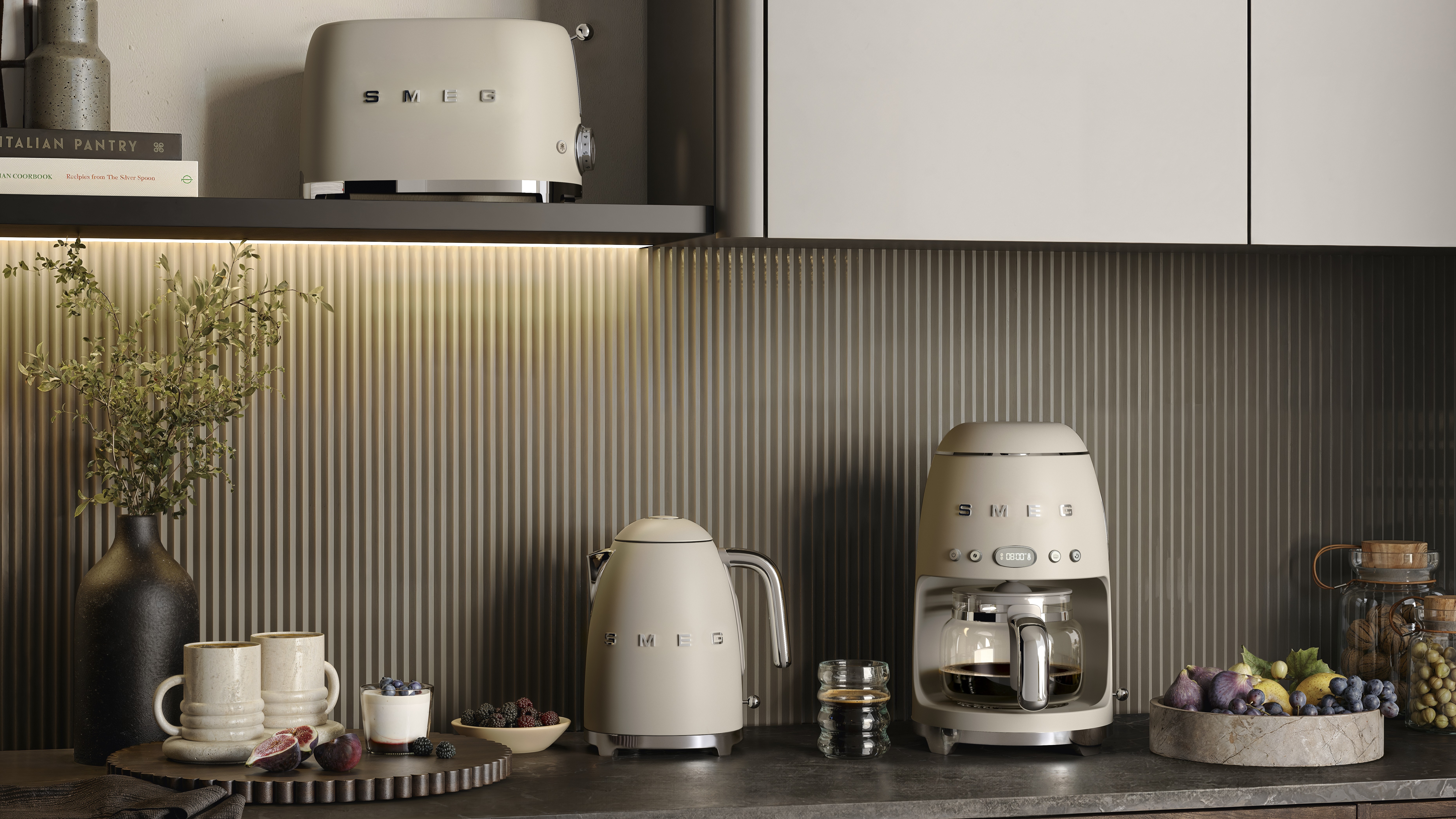 Smeg kitchen appliances in Moonlight in neutral-colored kitchen