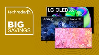 LG, Samsung and Sony TVs on a yellow background