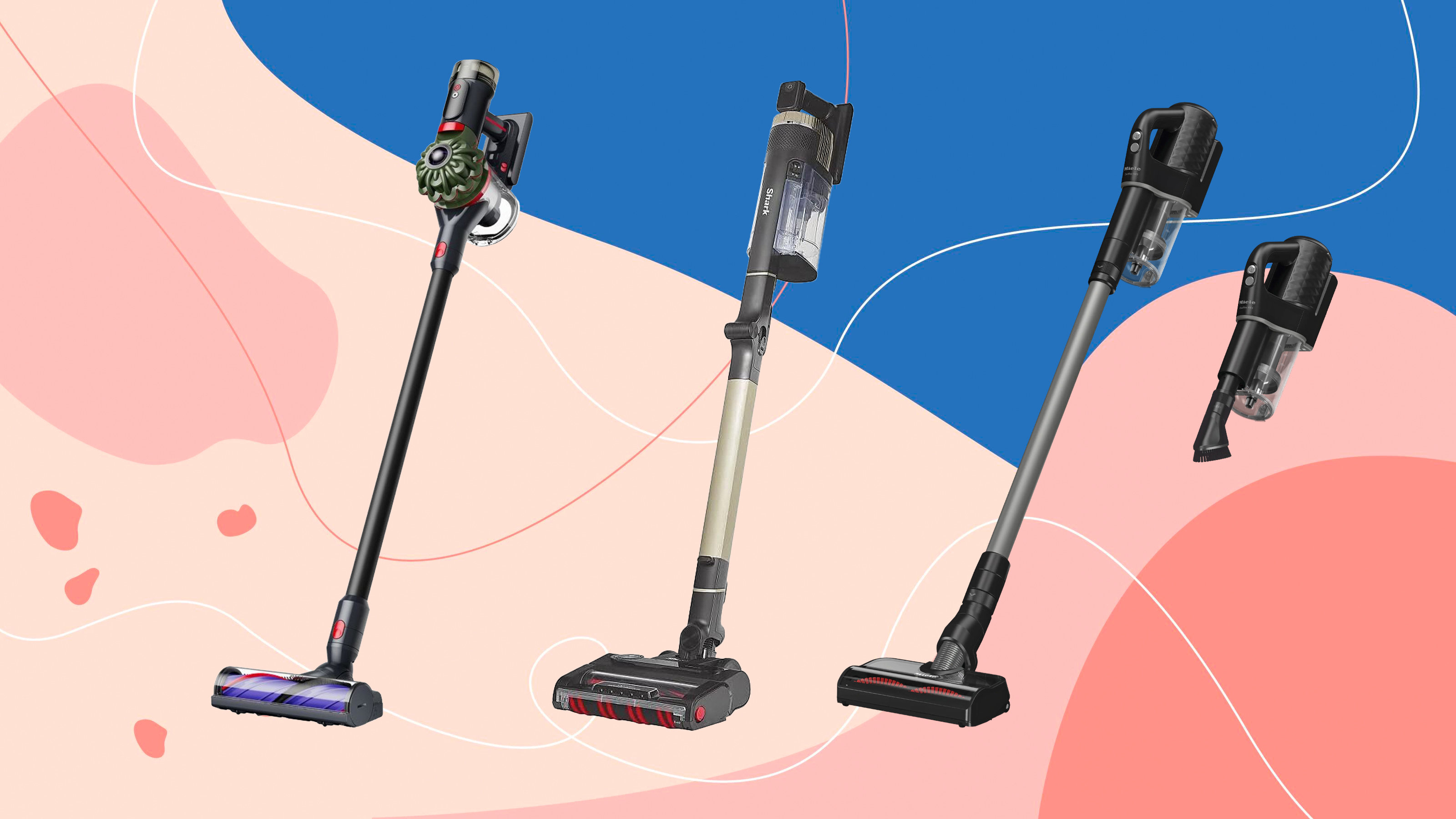 three cordless vacuums on a pink and blue background