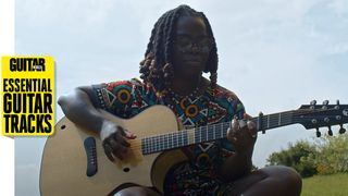 Yasmin Williams playing acoustic guitar, with the Guitar World Essential Guitar Tracks logo overlayed