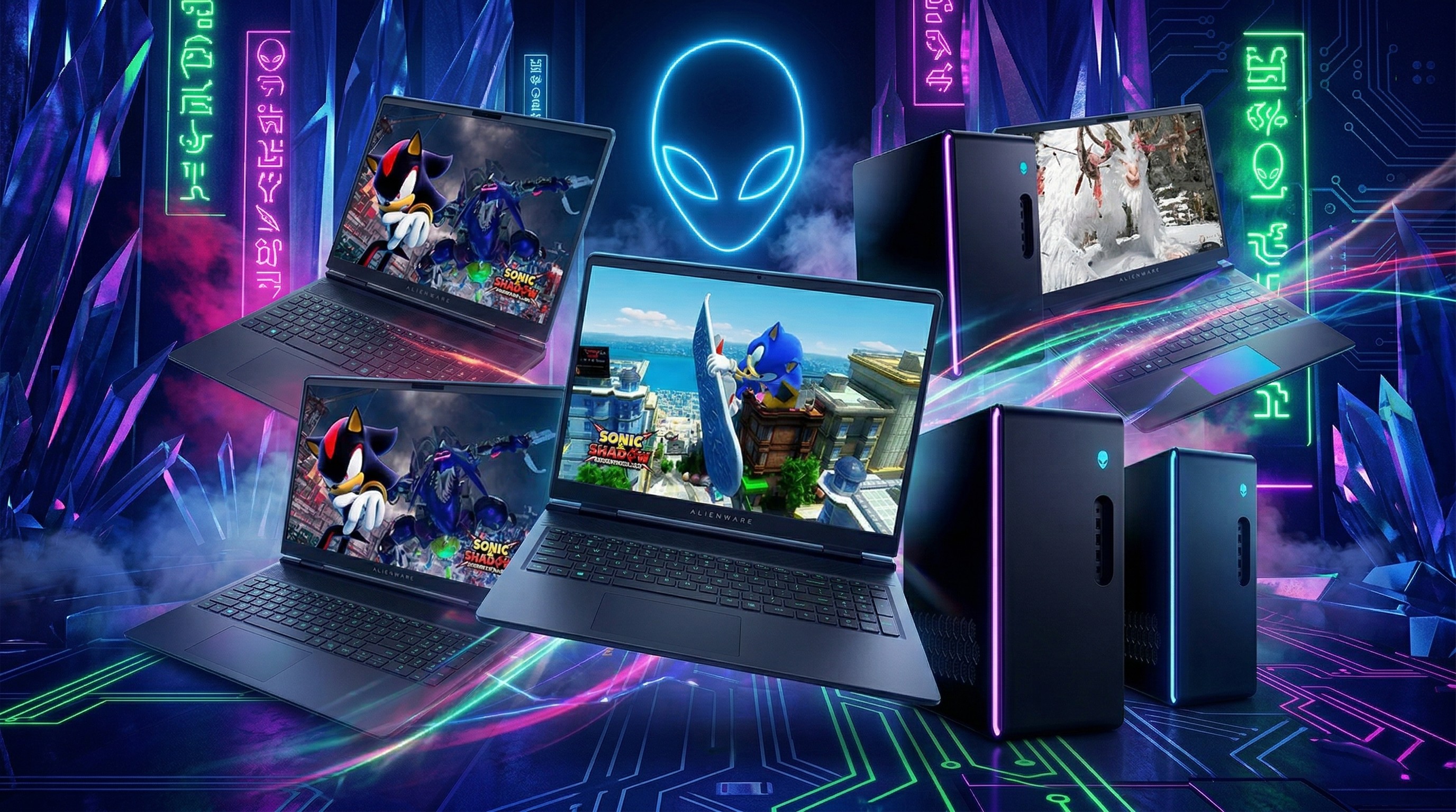 Dell Alienware laptops and desktops arranged on a futuristic themed backdrop.