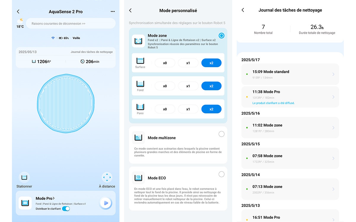plusieurs écrans de l'application du robot de piscine Aquasense 2 pro de beatbot