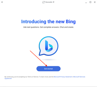 Get started button in Bing app
