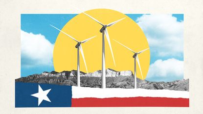 Illustration of wind turbines, Guadalupe Mountains and Texas state flag