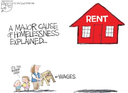 Political cartoon U.S. housing high rent low wages Walmart