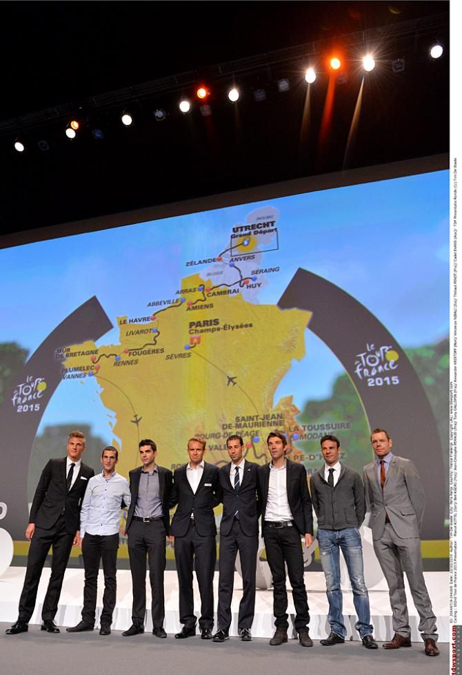 Riders gather on stage at the 2015 Tour de France presentation
