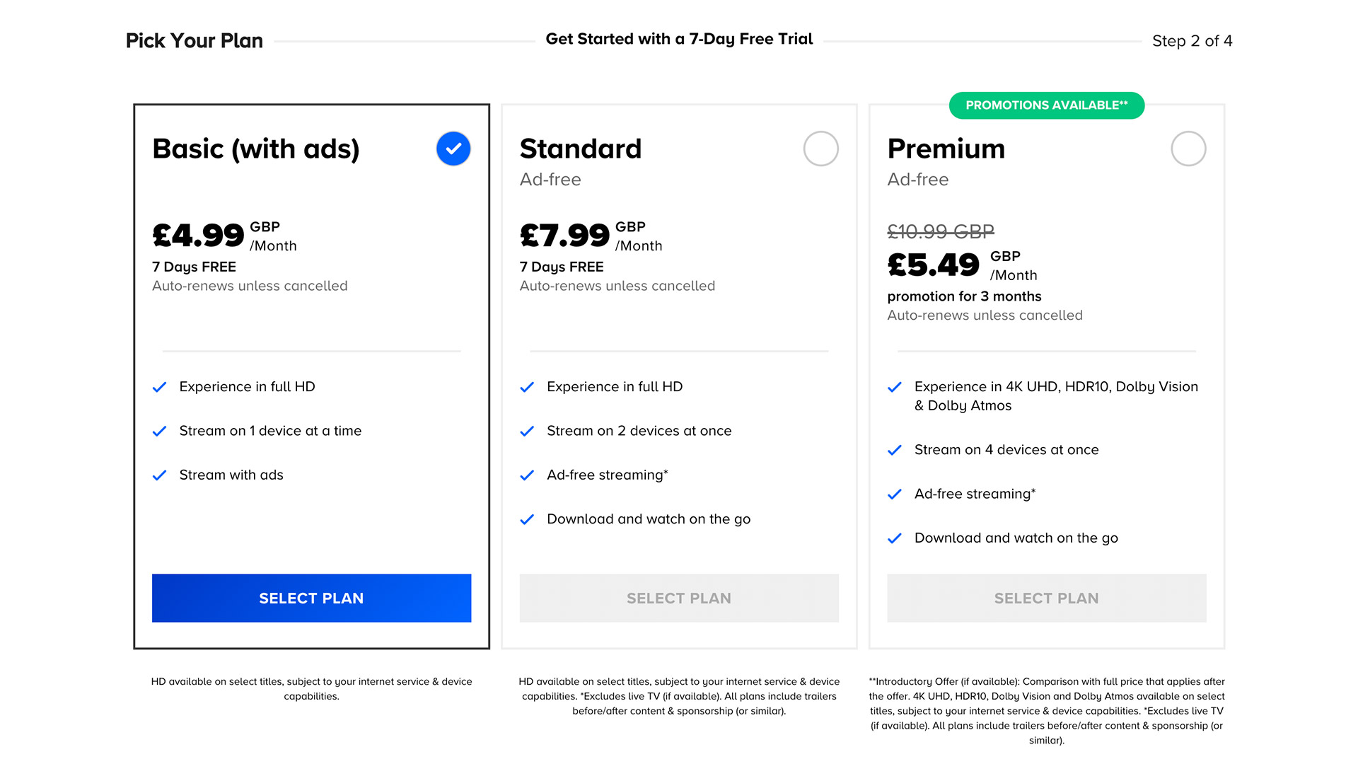 A screenshot of the three Paramount Plus plans in the UK and Ireland