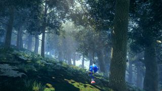 Sonic Frontiers fast travel - Sonic running through woods