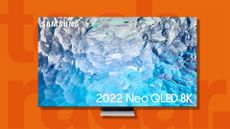 best 85-inch TV against an orange TechRadar background