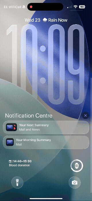 iOS 26 beta 4 notification shade, showing the new dimming effect