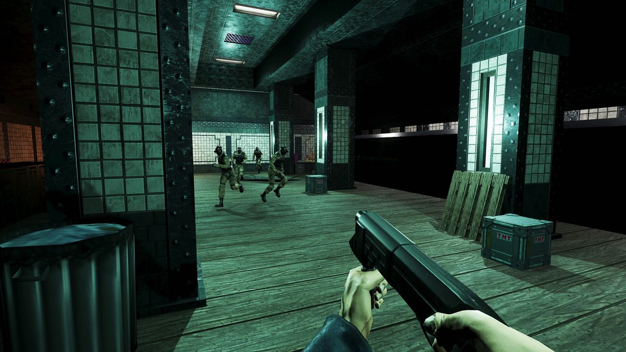 A very green shootout in a subway station.