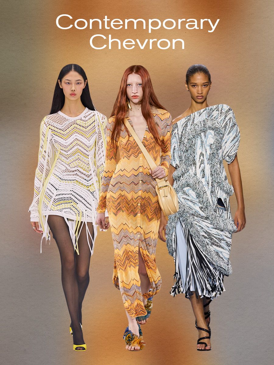 spring print trend: chevron motif, models wearing zig sag prints in spring/summer 2024 collections