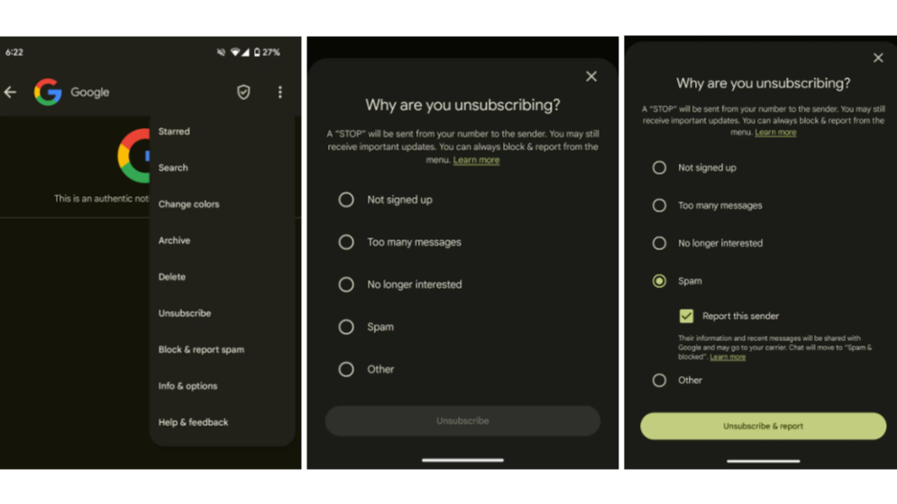 A screen shot of Google Messages' new Unsubscribe function
