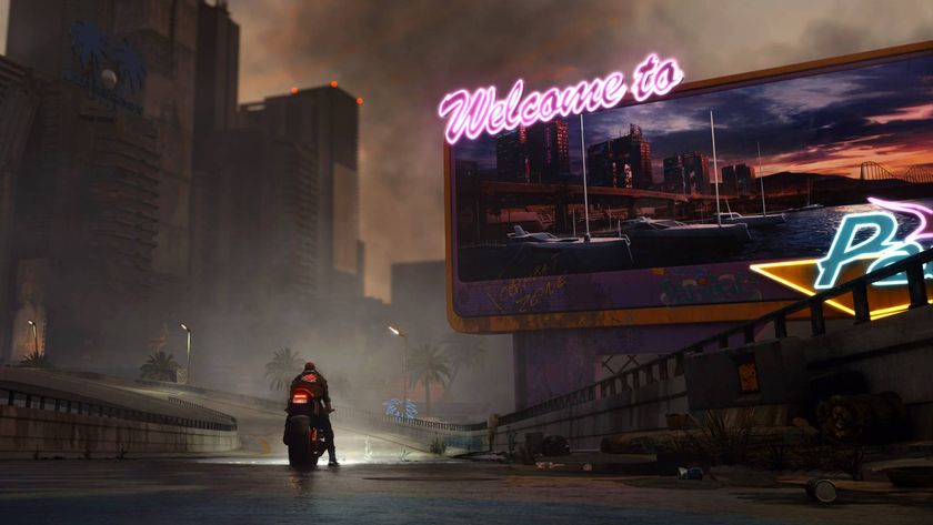 V in Cyberpunk 2077, sat on their motorbike, facing a billboard saying welcome to Paradiso.