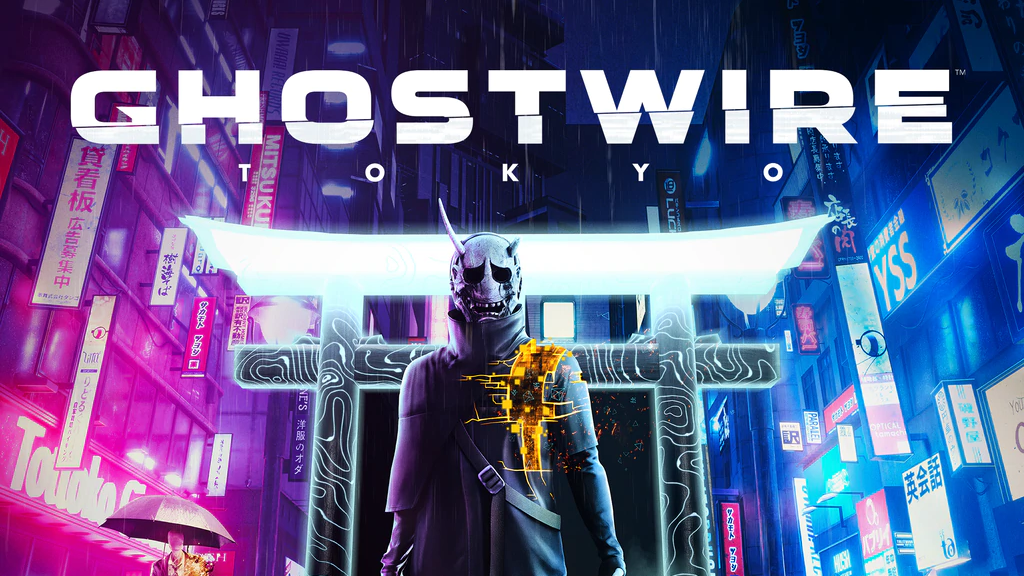 A masked figure stands in front of a spectral arch with the words Ghostwire Tokyo written above