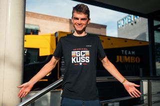Sepp Kuss in a shirt inspired by social media admirers who started pushing for him to be GC leader in 2022