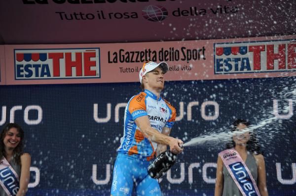 Let 'er rip: Tyler Farrar (Garmin-Transitions) sprays the crowds in Bitonto