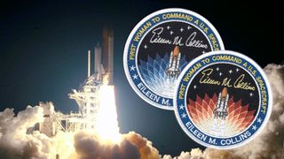two circular space mission patches superimposed over a photo of the space shuttle launching at night