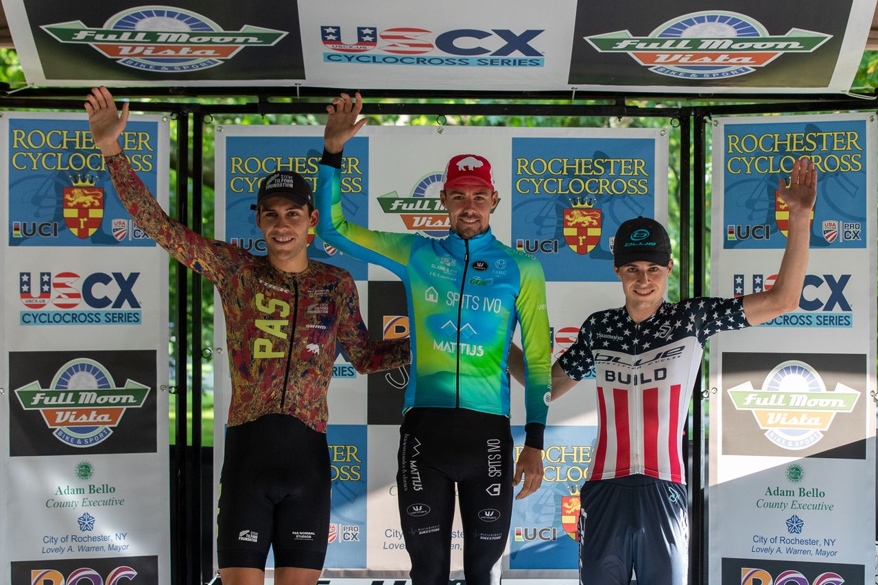 Elite men's podium at C2 race 2022 Rochester Cyclocross: second place Curtis White, winner Vincent Baestaens, third-placed Eric Bruinner