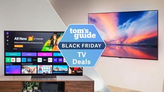 Two 4K TVs shown with a Black Friday TVs badge in between