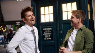 David Tennant in front of the Tardis with Steffan Powell for Doctor Who: Unleashed