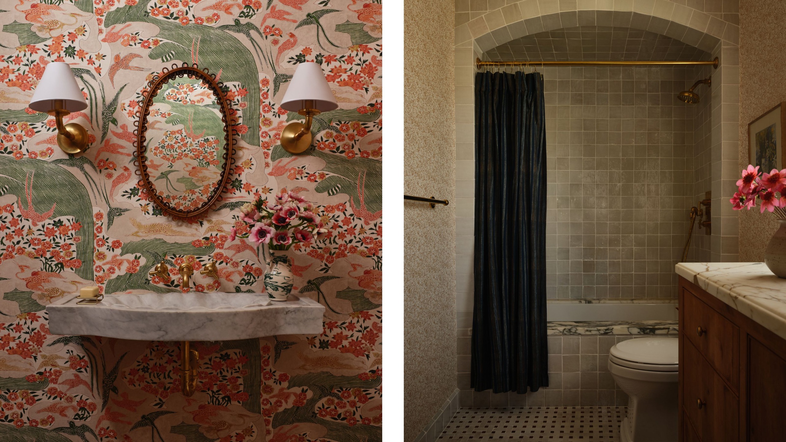 two side by side images of a floral wallpapered powder room and a tiled bathroom with arched bath niche