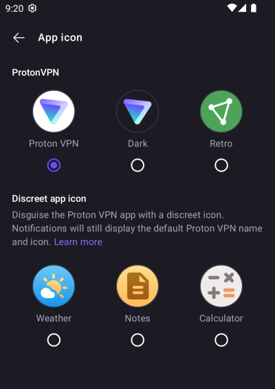 Proton VPN Discreet Icon feature in app