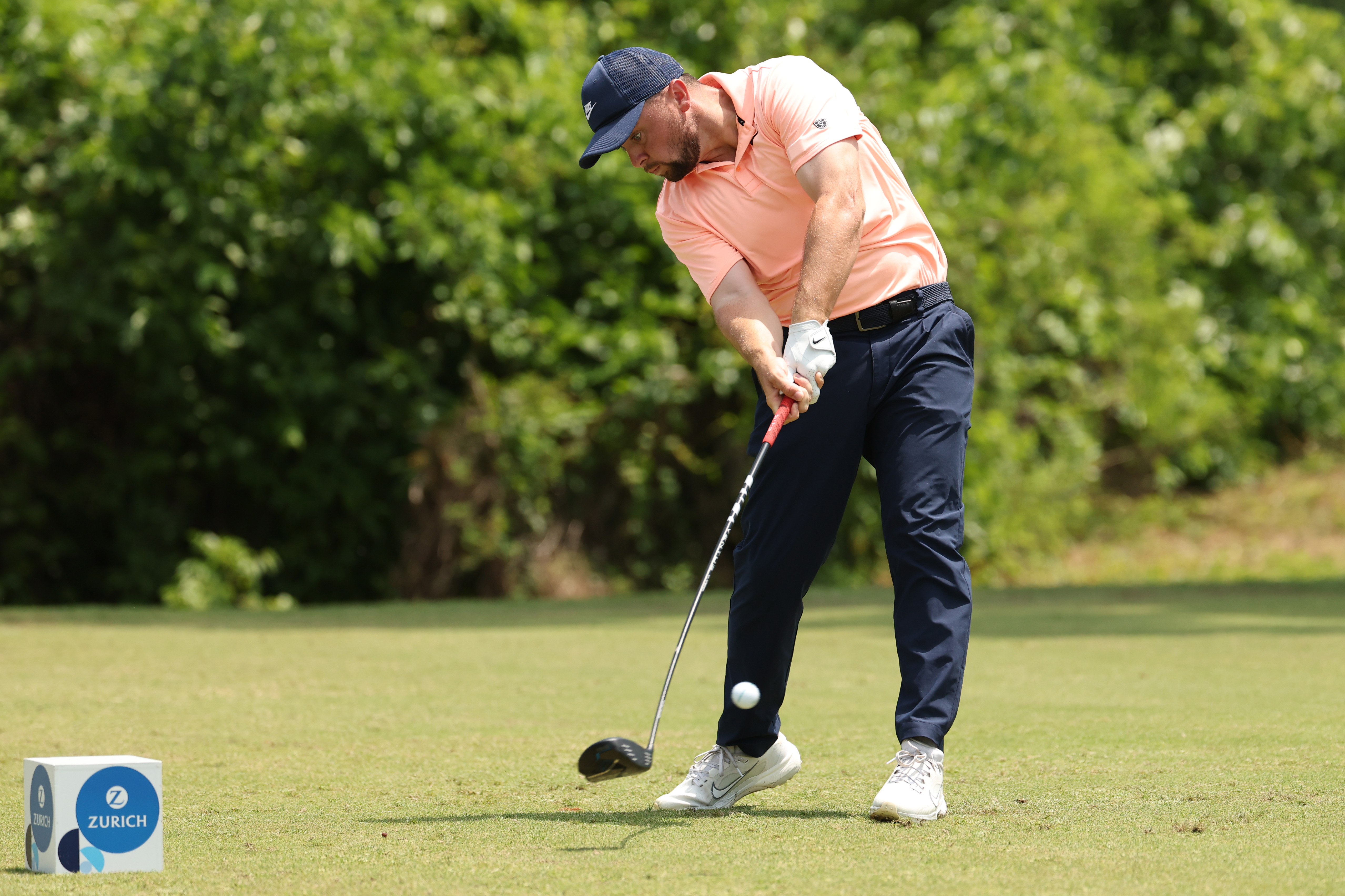 Alex Fitzpatrick plays his shot from the second tee during the third round of the Zurich Classic of New Orleans