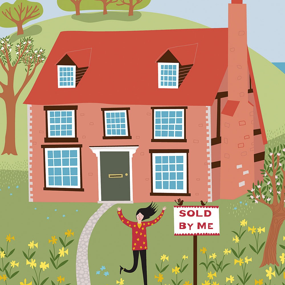house selling drawing with red house and garden