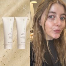 samatha holender on a cream bubble background next to air dry prodcuts