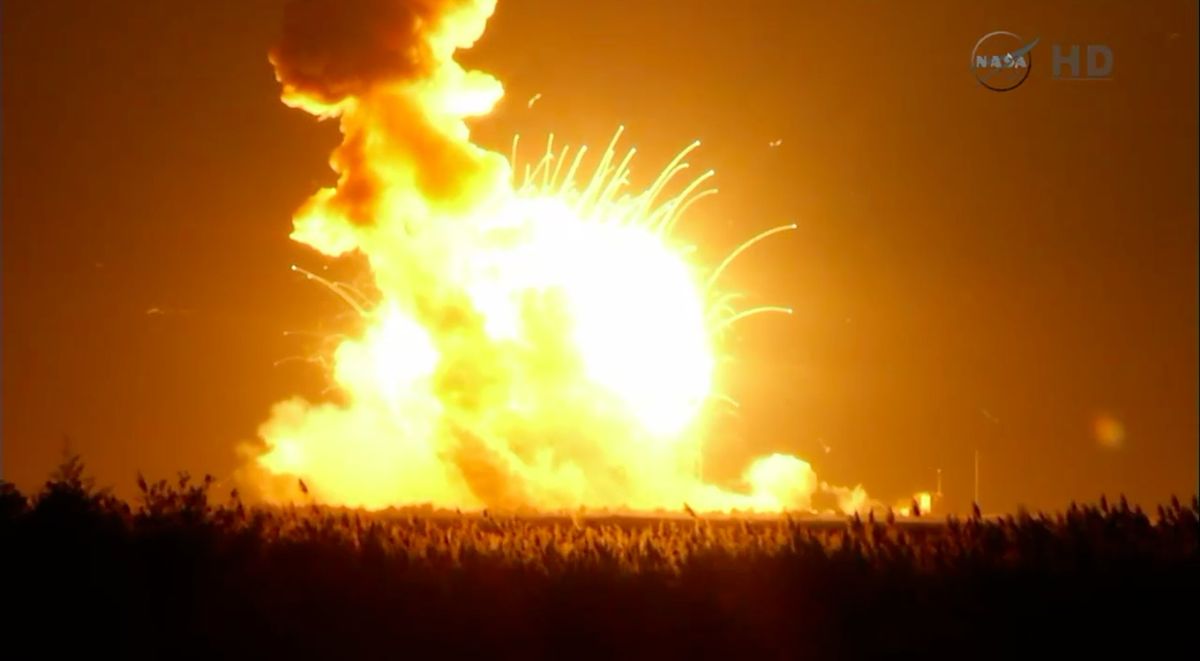 An Orbital Sciences Antares rocket explodes shortly after lifting off on a private cargo mission toward the International Space Station on Oct .28, 2014 from NASA&#039;s Wallops Flight Facility in Virginia. 