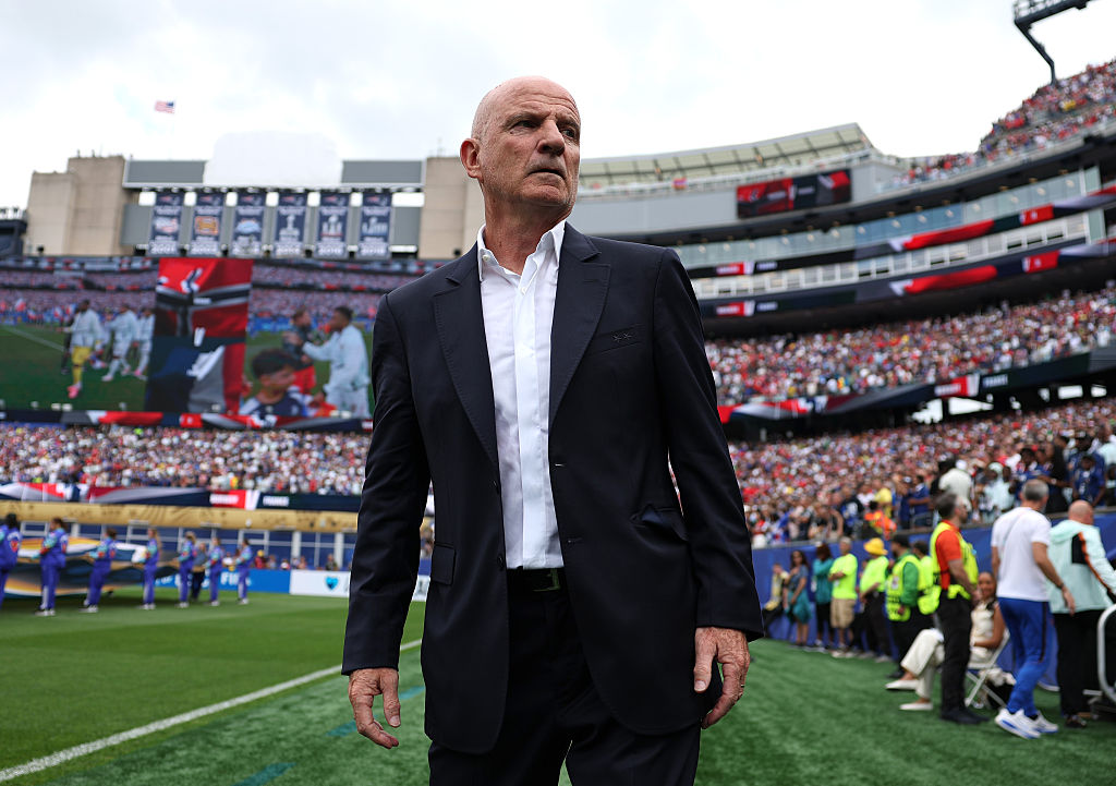 FOXBOROUGH, MASSACHUSETTS - JUNE 26: Guy Stephan, Assistant coach of France, looks on before the FIFA World Cup 2026 Group I match between Norway and France at Boston Stadium on June 26, 2026 in Foxborough, Massachusetts. Stephan is standing in for Didier Deschamps, Head Coach of France, who has returned home following the passing of his mother earlier this week. (Photo by Mattia Ozbot/Getty Images)