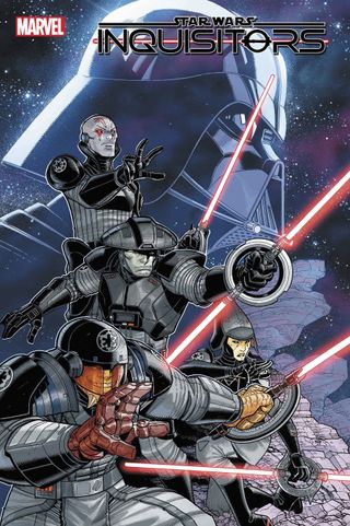 Cover images of "Star Wars: Inquisitors #1," showing three warriors holding red lightsabers