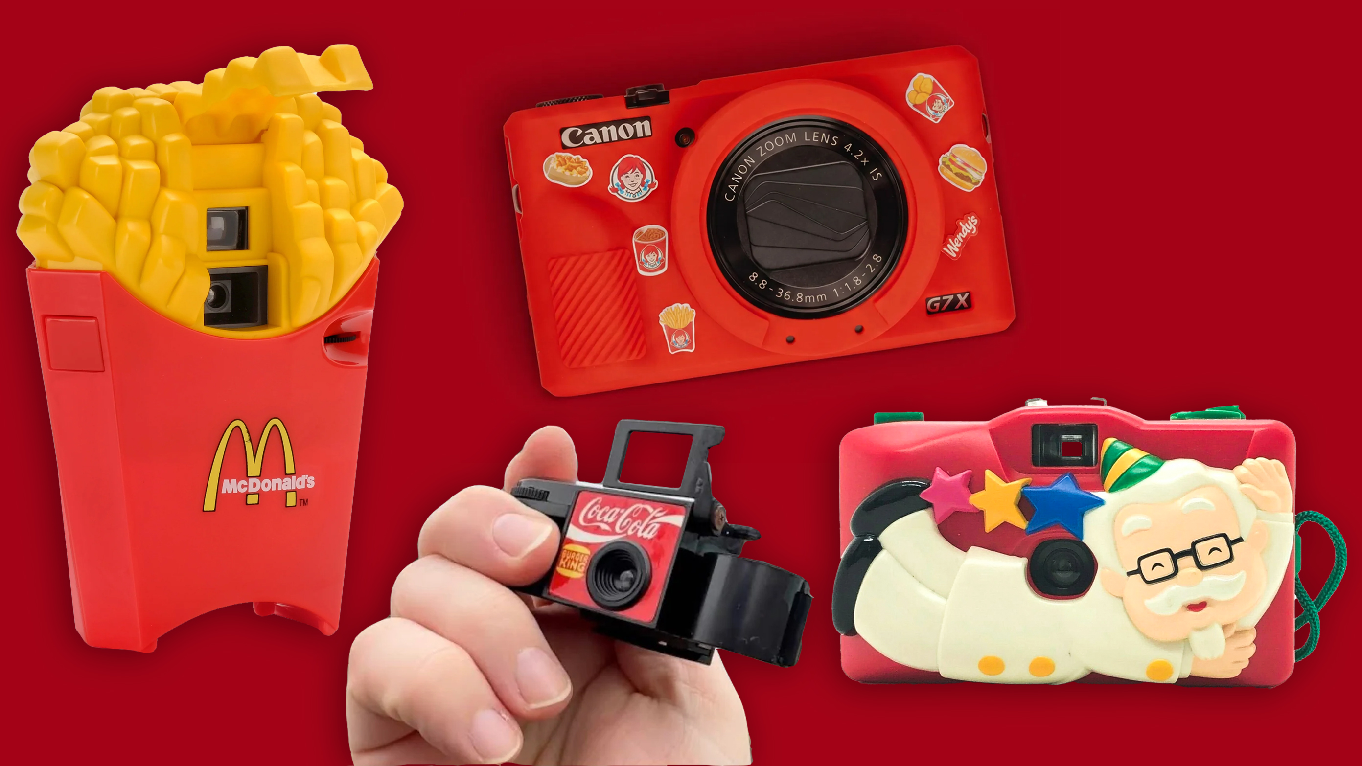 McDonald's Fries 110 camera, Wendy's Canon camera, Coca Cola / Burger King 110 camera and KFC camera against a red background