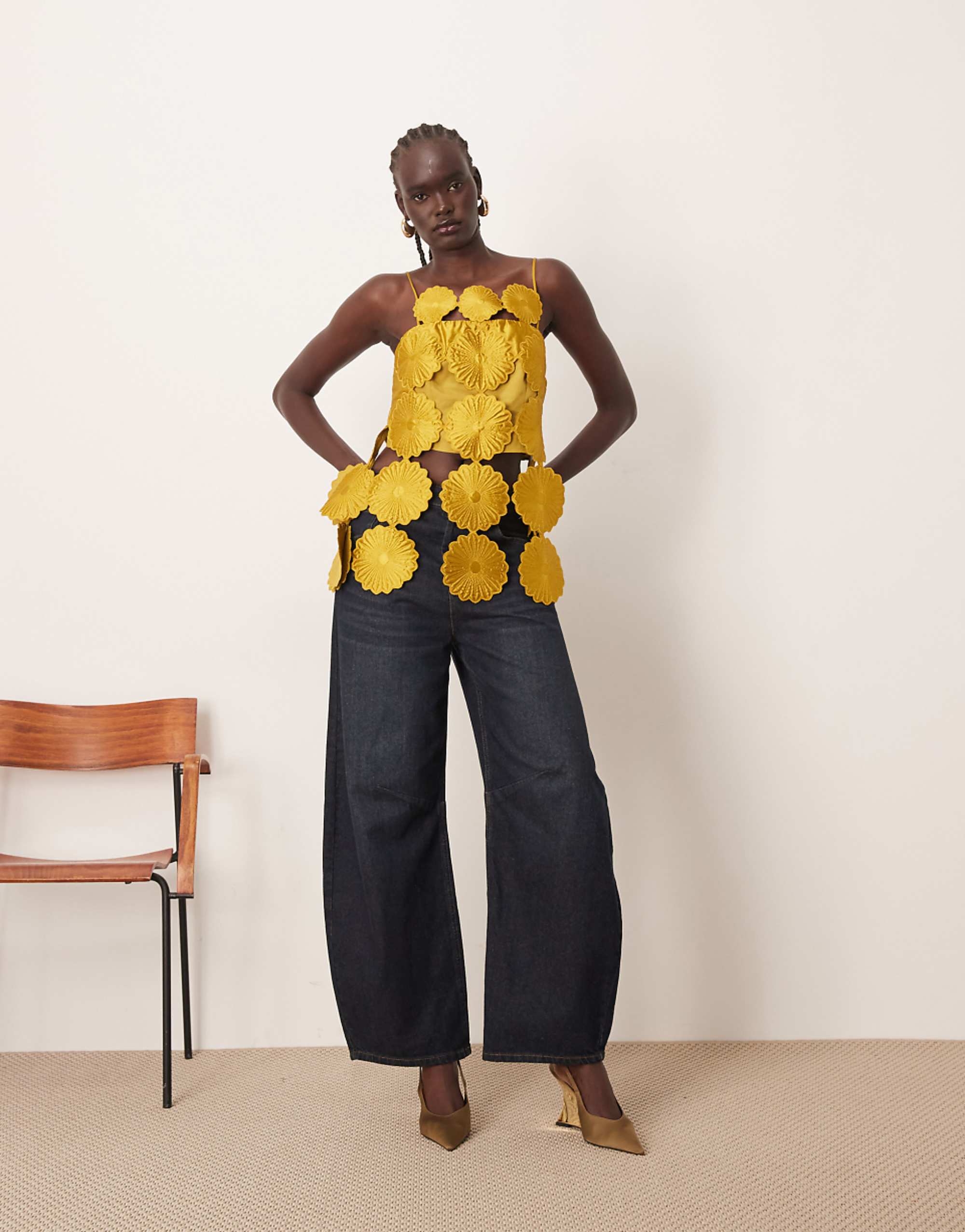 Arrange Cut Work Floral Fringe Hem Top in Gold