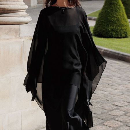 @modedamour outfit photo in black chiffon sheer cape top