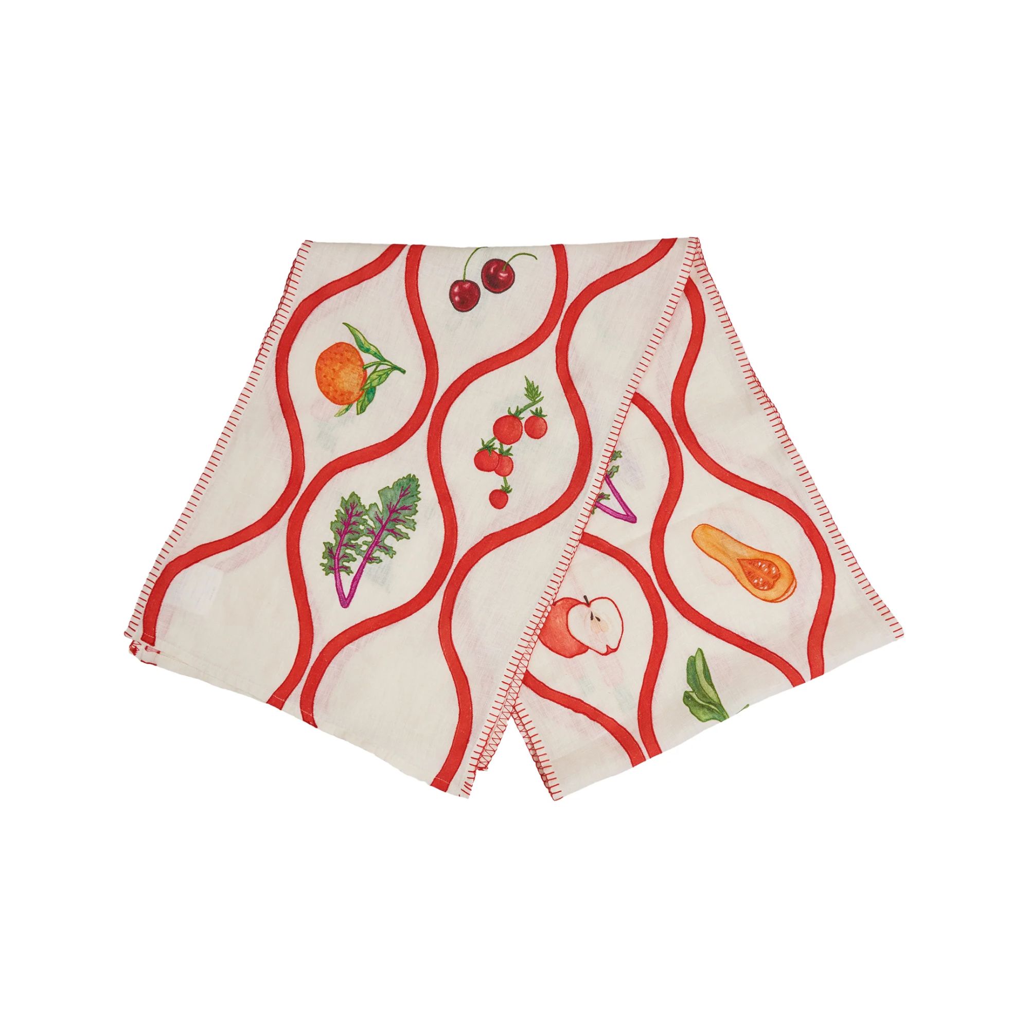 A table runner with a red ribbon pattern and embroidered fruits and vegetables on it