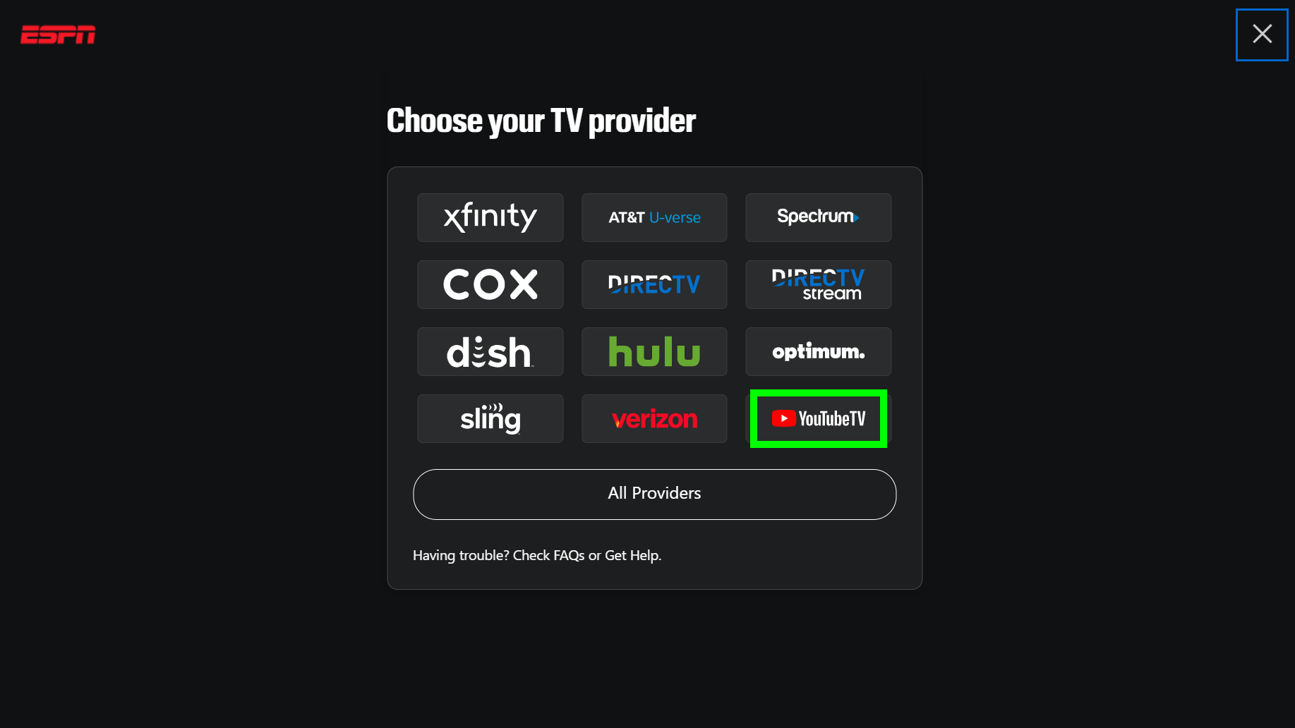 How to add YouTube TV to ESPN Unlimited: Selecting YouTube TV as your TV provider on ESPN.