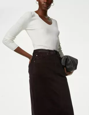 Cord Midi Split Front Skirt