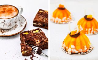The photo to the left shows a chocolate brownie with a cup of coffee. The picture to the right shows a small cake decorated with coconut flakes.