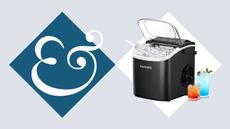 A black counter ice maker in a white diamond, beside a dark blue diamond with an '&' inside. 