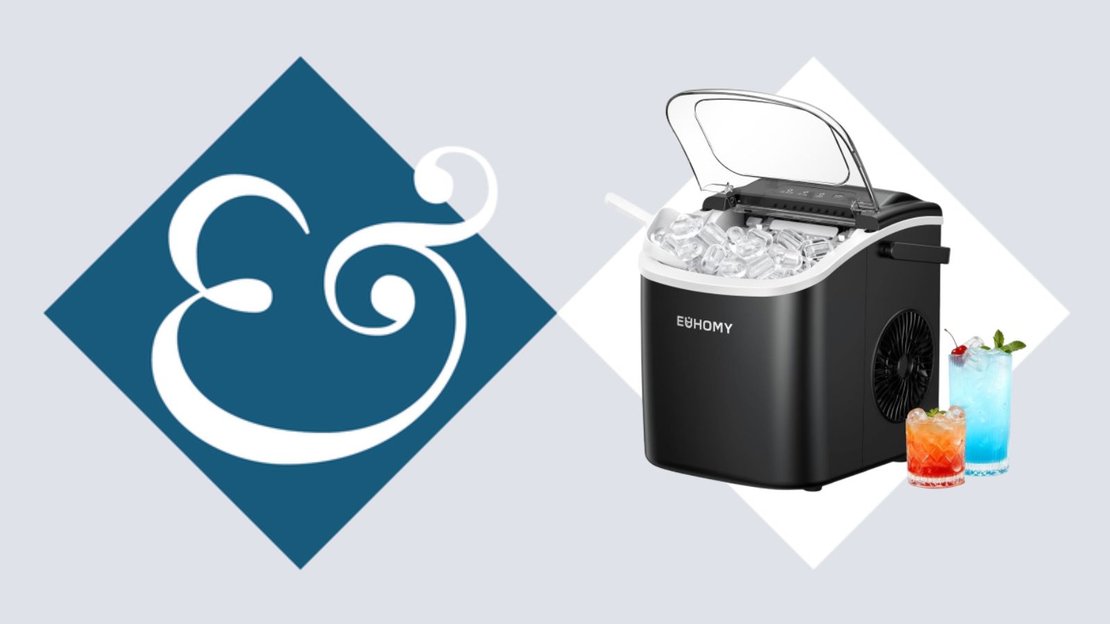 A black counter ice maker in a white diamond, beside a dark blue diamond with an '&' inside. 