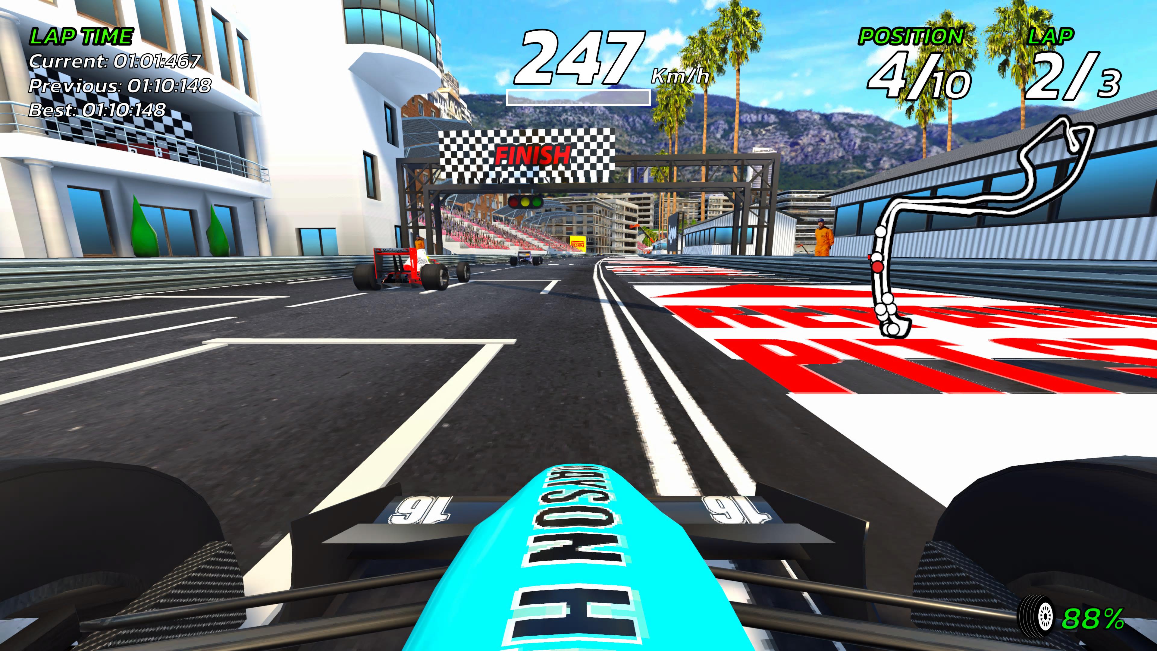 Retro racing game 4PGP, colourful low-poly game screens