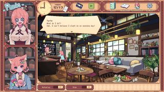 A screenshot shows the pink-haired protagonists of Kemono Teatime preparing for their cafe's opening day.