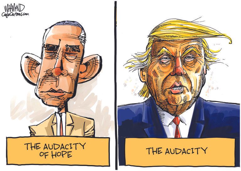 Political Cartoon U.S. Trump Obama audacity of hope