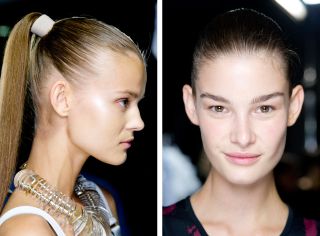 The French house presented the most severe example of this season's ponytail, worn high on the head and tightly tied with a thick white band