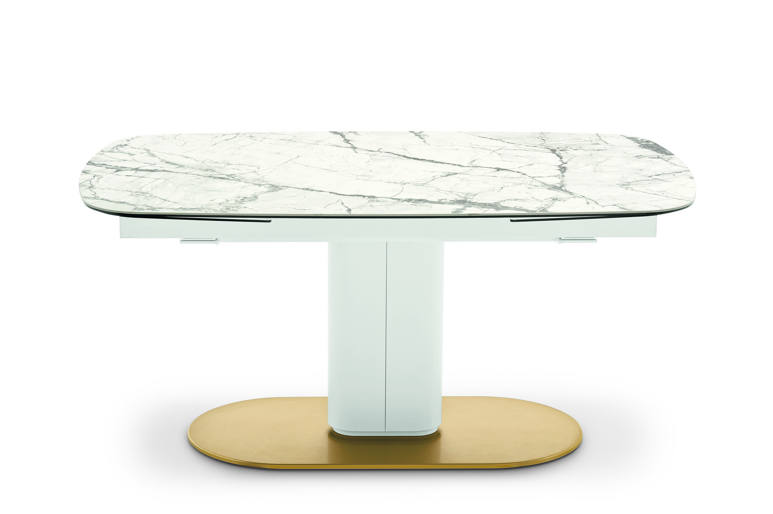 Milan Design Week Caligaris Cameo dining table in white with marble top and brass base