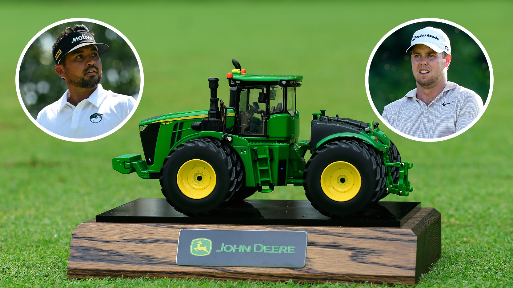 A John Deere Classic tee marker, with a player either side of it