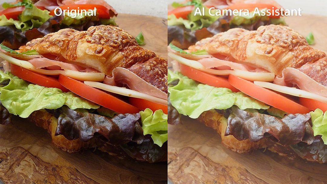 A side-by-side image showing a sandwich photo and the same photo enhanced by AI